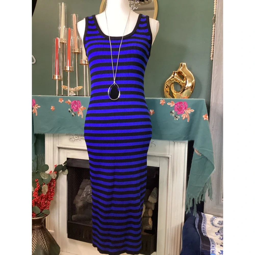Michael Kors Blue Black Striped Ribbed Knit Bodycon Midi Dress Medium